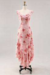 Bedrucktes Kleid für Hochzeitsgäste mit rosa Blume in A-Linie